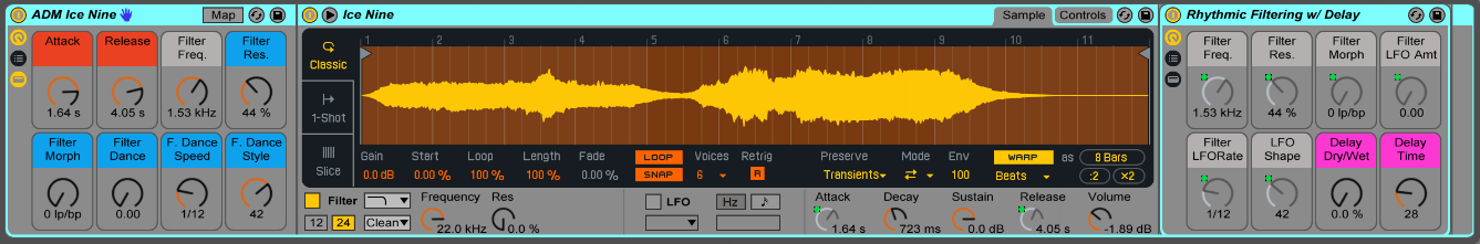 This preset is called "Ice-Nine," named after the material in Vonnegut's Cat's Cradle , which could instantly freeze anything it touched. The Macro Controls allow for complete customization of the sound.