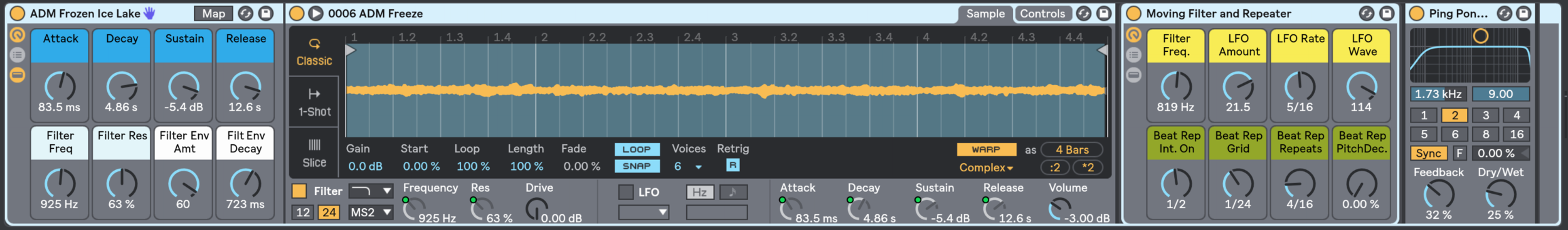 FREEZE contains 17 Instrument Racks made from samples of soundscapes recorded with the FREEZE Audio Effects.