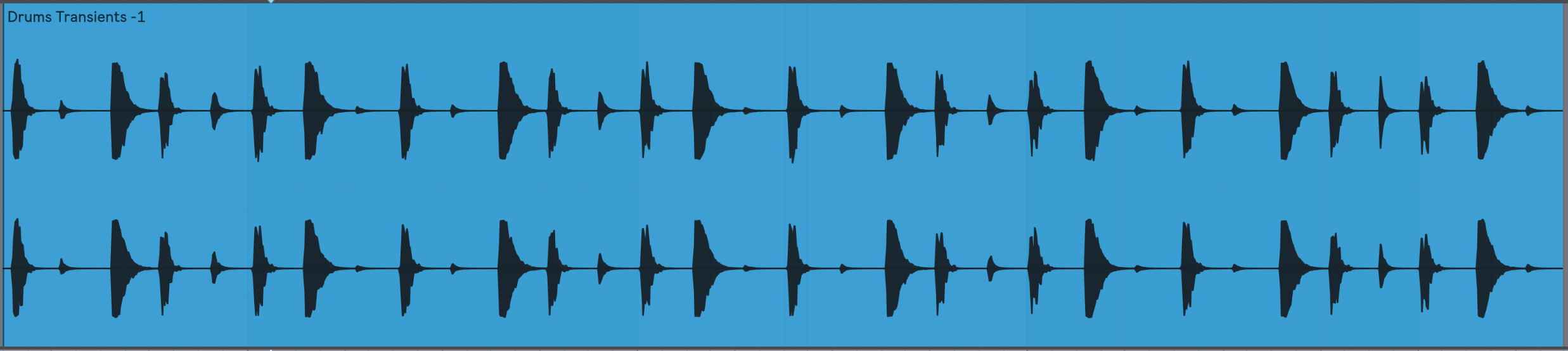Our drum loop with Transients set to -1. Here each hit is quickly silenced, with less body and a much shorter duration.