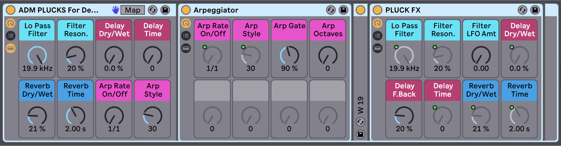 Each PLUCKS Instrument Rack gives you control over a Low Pass Filter, Delay, Reverb, and Arpeggiator.