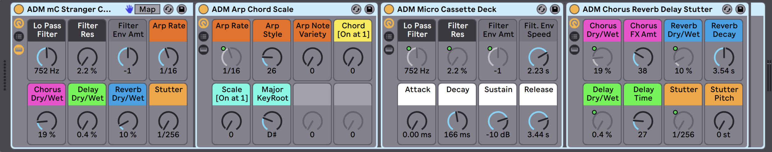 Every instrument of MICRO CASSETTE has Macro Controls for Filters, Arpeggiators, Chorus, Delay, Reverb, and Stutter Effects.