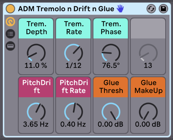 Tremolo n Drift n Glue Have fun messing around with volume modulation using the tremolo controls. You can get traditional tremolo effects to create tempo-synced volume chops or play around with the Trem. Phase control to get some really exciting stereo movement. The Pitch Drift controls recreate the pitch drift on old analog synths. You can add a lot of character to your instrument with just a subtle pitch drift. Try using a low amount (up to 2Hz) with a slow rate (up to .5Hz) for subtle character. Or go all out and recreate a broken old analog synth. Finally, the Glue Compressor is used to tighten everything up and add some extra volume.