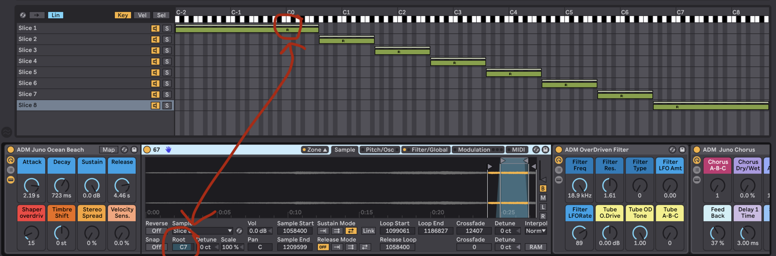 Setting Root to the note of the sample allows Sampler to play the sound properly across the keyboard.