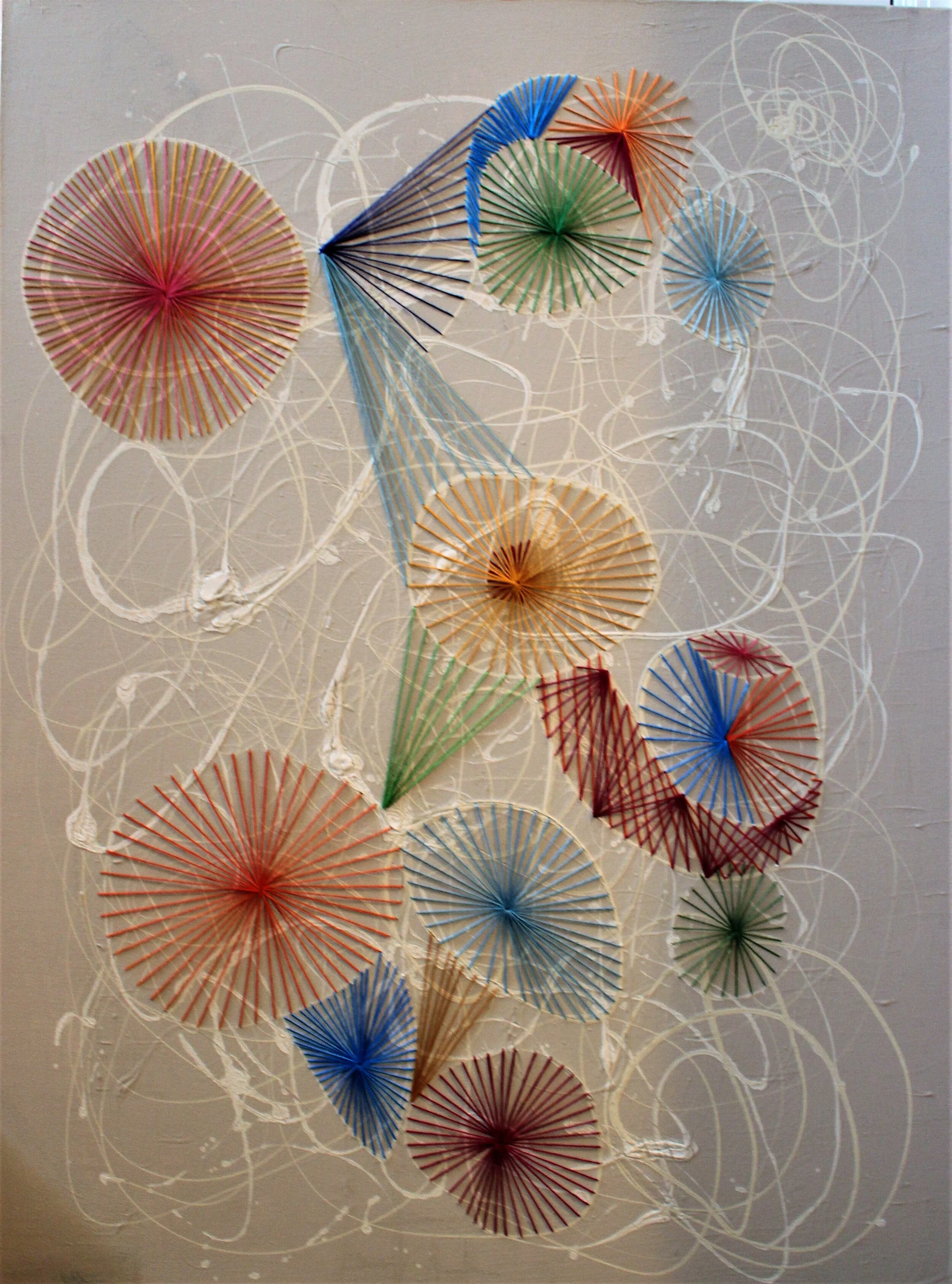 "The Wheel of Life", 2019, latex paint and thread on canvas, 30" by 40"