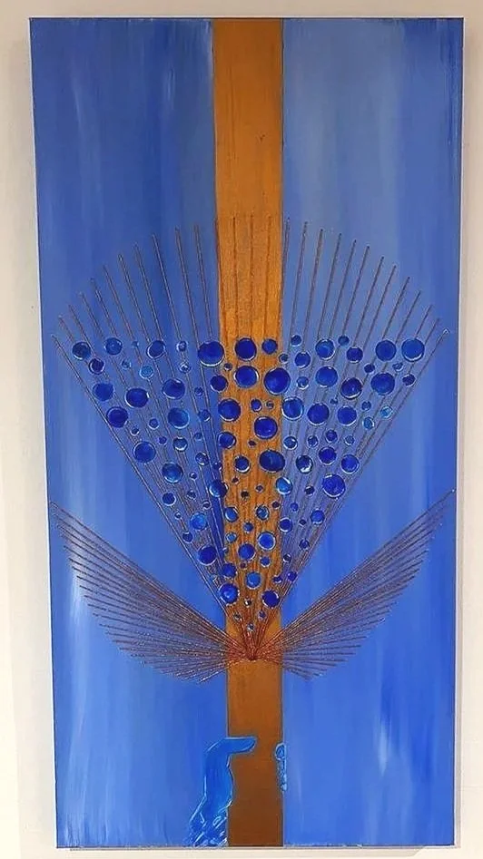 "Axis Mundi", 2020, Acrylic and thread on canvas, 18"by 36"