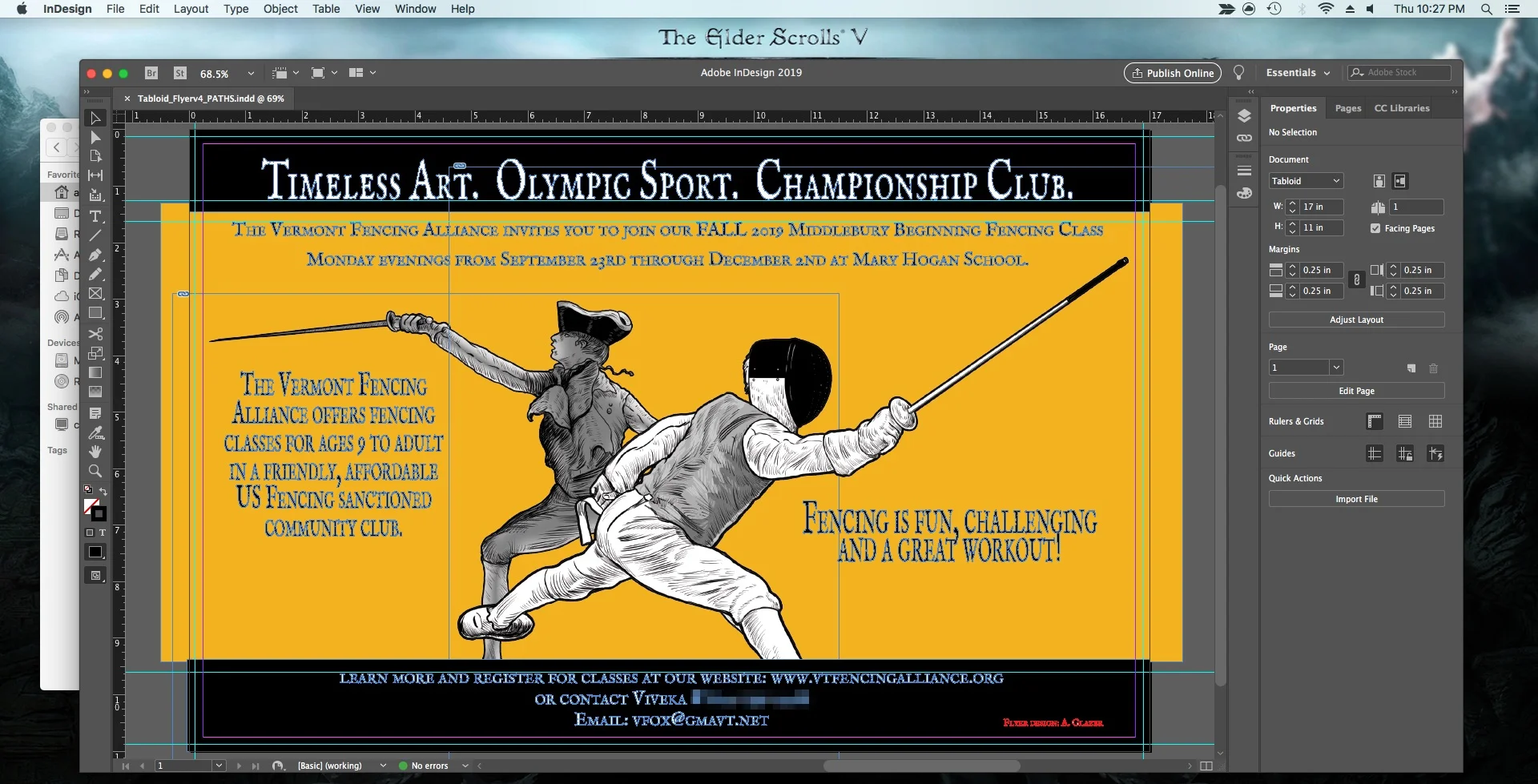 Adobe InDesign CC which I swear by when it comes to document layout design ( and yes, that’s the latest flyer I’ve done for the fencing club ).