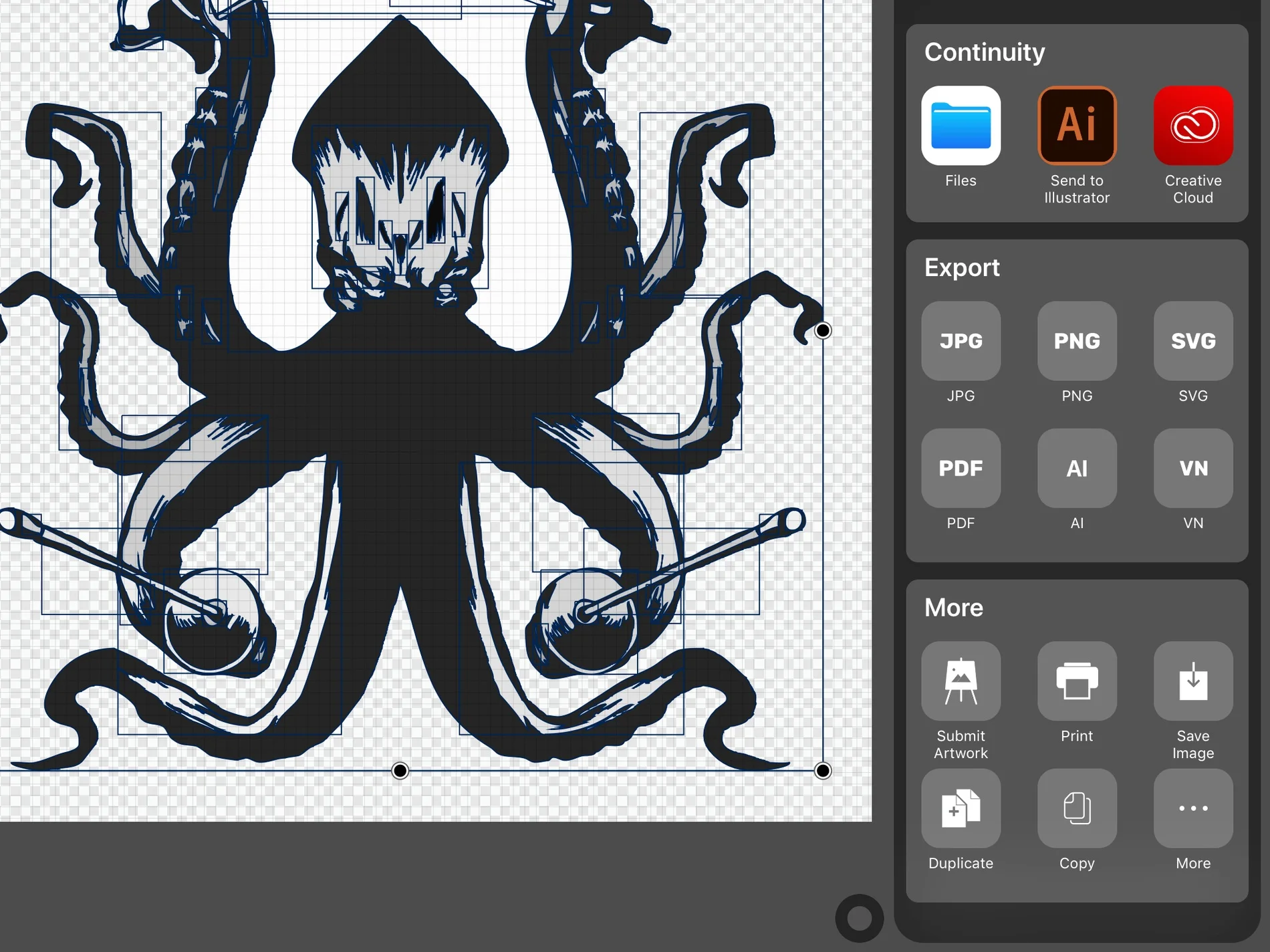 The ability to export with various file formats and the use of Continuity is just amazing. Even the Send to Illustrator is a godsend.
