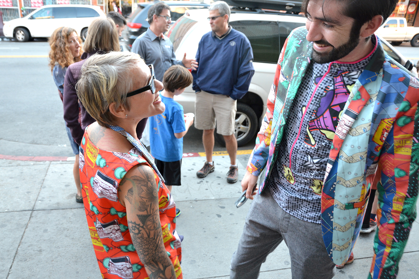 Outfits designed and sewn by Alice Clifford (left) and Timothy Ho (Right). Sam B. models Tim's creation