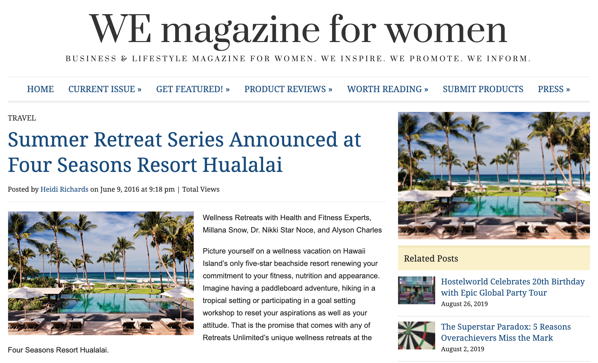 Wellness Retreats with Health and Fitness Experts, Millana Snow, Dr. Nikki Star Noce, and Alyson Charles Picture yourself on a wellness vacation on Hawaii Island’s only five-star beachside resort renewing your commitment to your fitness, nutrition and appearance. Imagine having a paddleboard adventure, hiking in a tropical setting or participating in a goal setting workshop to reset your aspirations as well as your attitude.