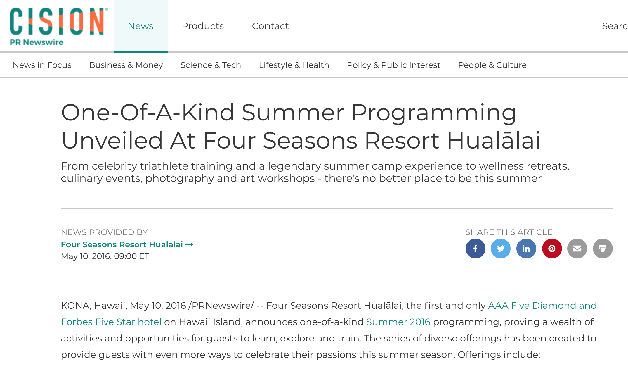 KONA, Hawaii, May 10, 2016 /PRNewswire/ -- Four Seasons Resort Hualālai, the first and only AAA Five Diamond and Forbes Five Star hotel on Hawaii Island, announces one-of-a-kind Summer 2016 programming, proving a wealth of activities and opportunities for guests to learn, explore and train.
