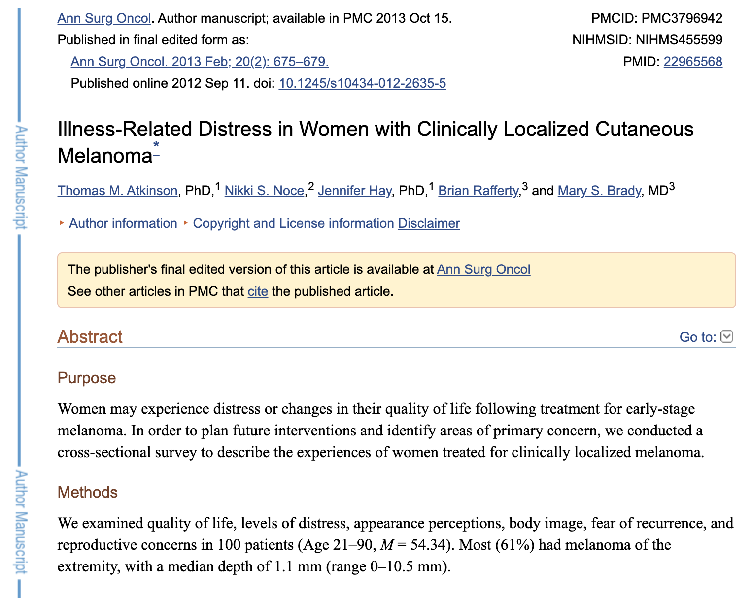 September 11, 2012 Illness-Related Distress in Women with Clinically Localized Cutaneous Melanoma