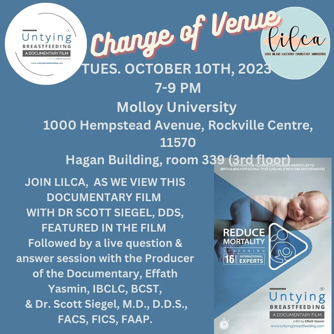 CHANGE OF VENUE MOLLOY UNIVERSITY 1000 Hempstead Avenue, Rockville Centre. Javan bldg Room 339 (3rd Floor) 10/10.23 - UNTYING BREASTFEEDING THE DOCUMENTARY FILM
Join us in person 
FREE Screening of The Documentary Film
"Untying Breastfeeding&quo