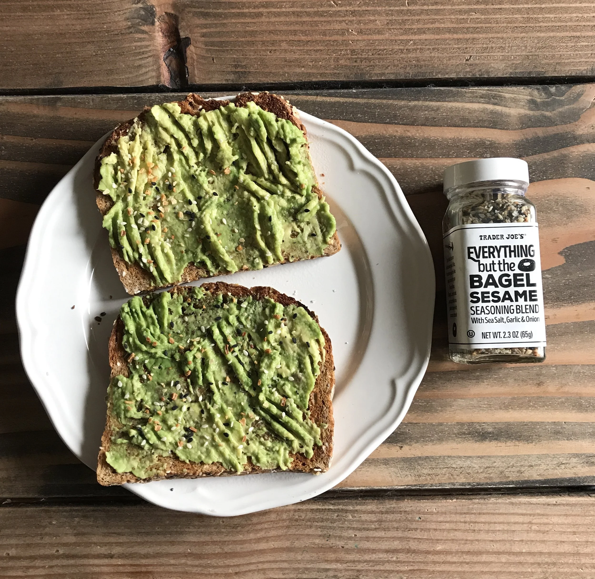 This seasoning is seriously the most amazing stuff on the planet. Sprinkle it on sandwiches, toast, bagels. Amaze. I use half of an organic avocado and Dave's Killer PowerSeed Bread. 