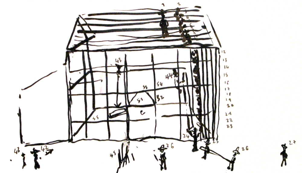 drawing from memory of an Amish barnraising 