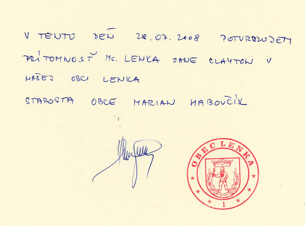 the mayor of Lenka's signature confirming our arrival in his village