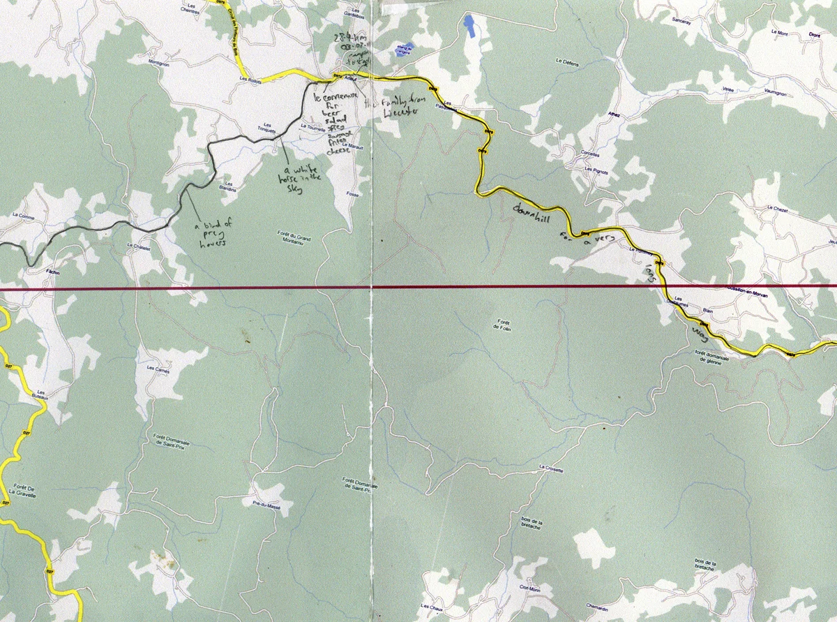 one of the 28 daily maps made by James price detailing the straight-line-route (detail)