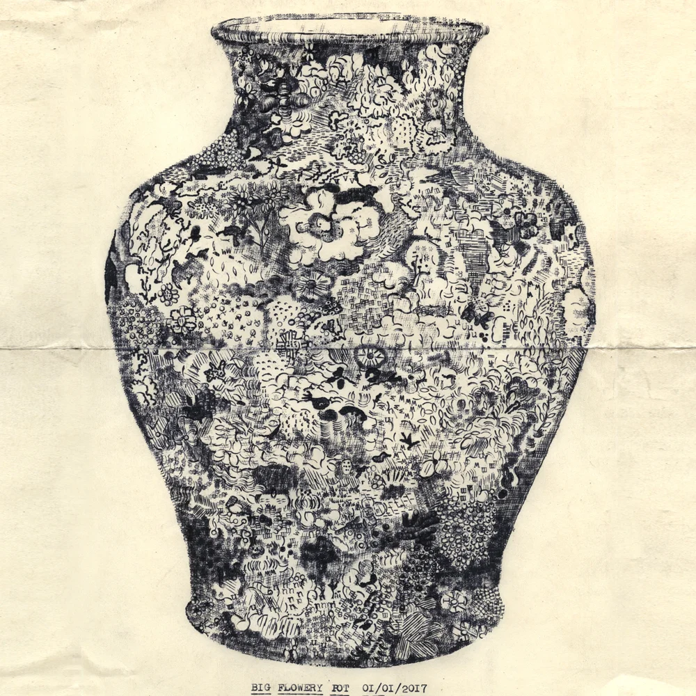 Big Flowery Pot / Typewriter Drawing / 2017 / Typewriter ink on paper / 8.5" x 11.5"