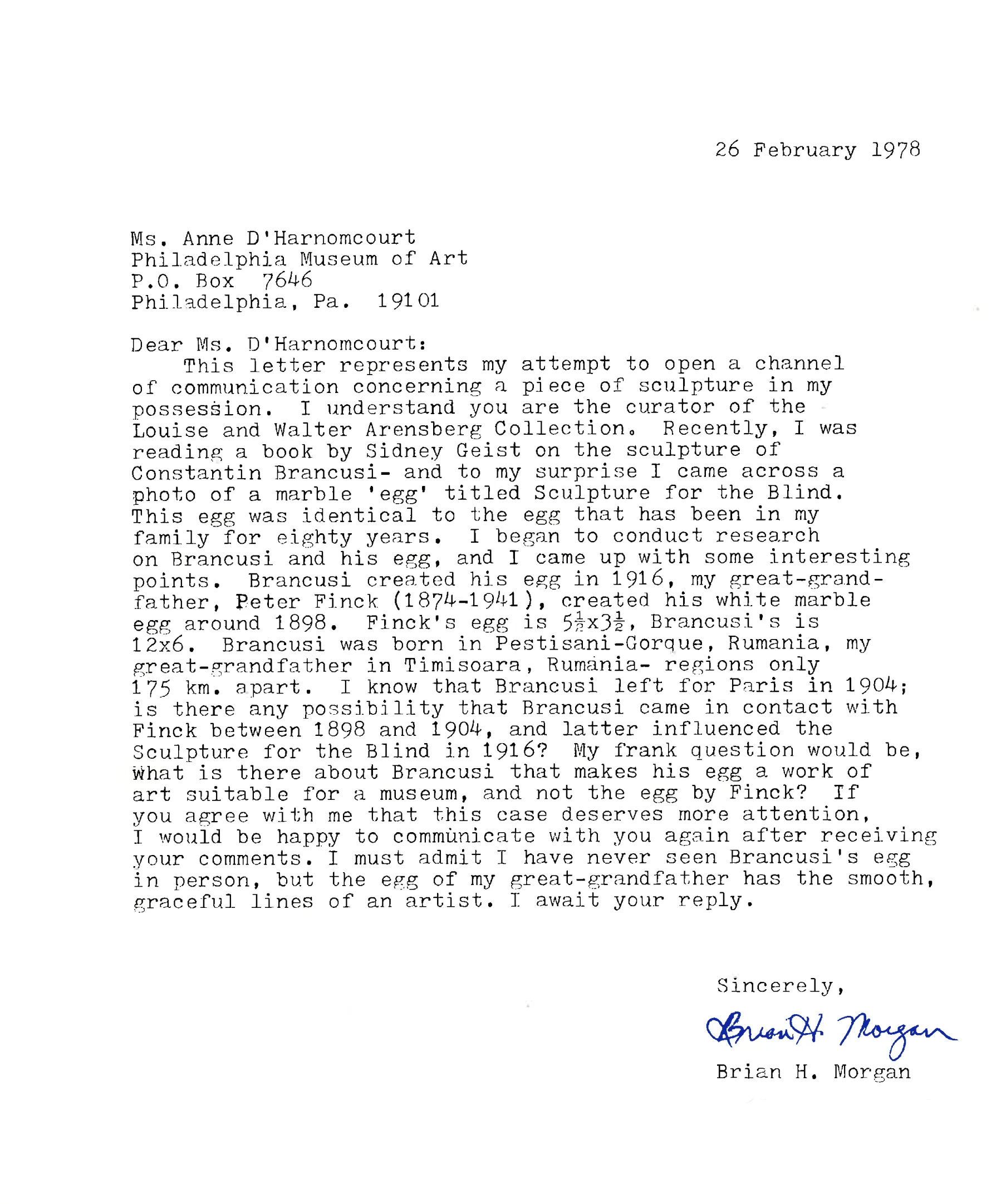 Original Letter from Brian H. Morgan to Anne D'Harnoncourt, 1978