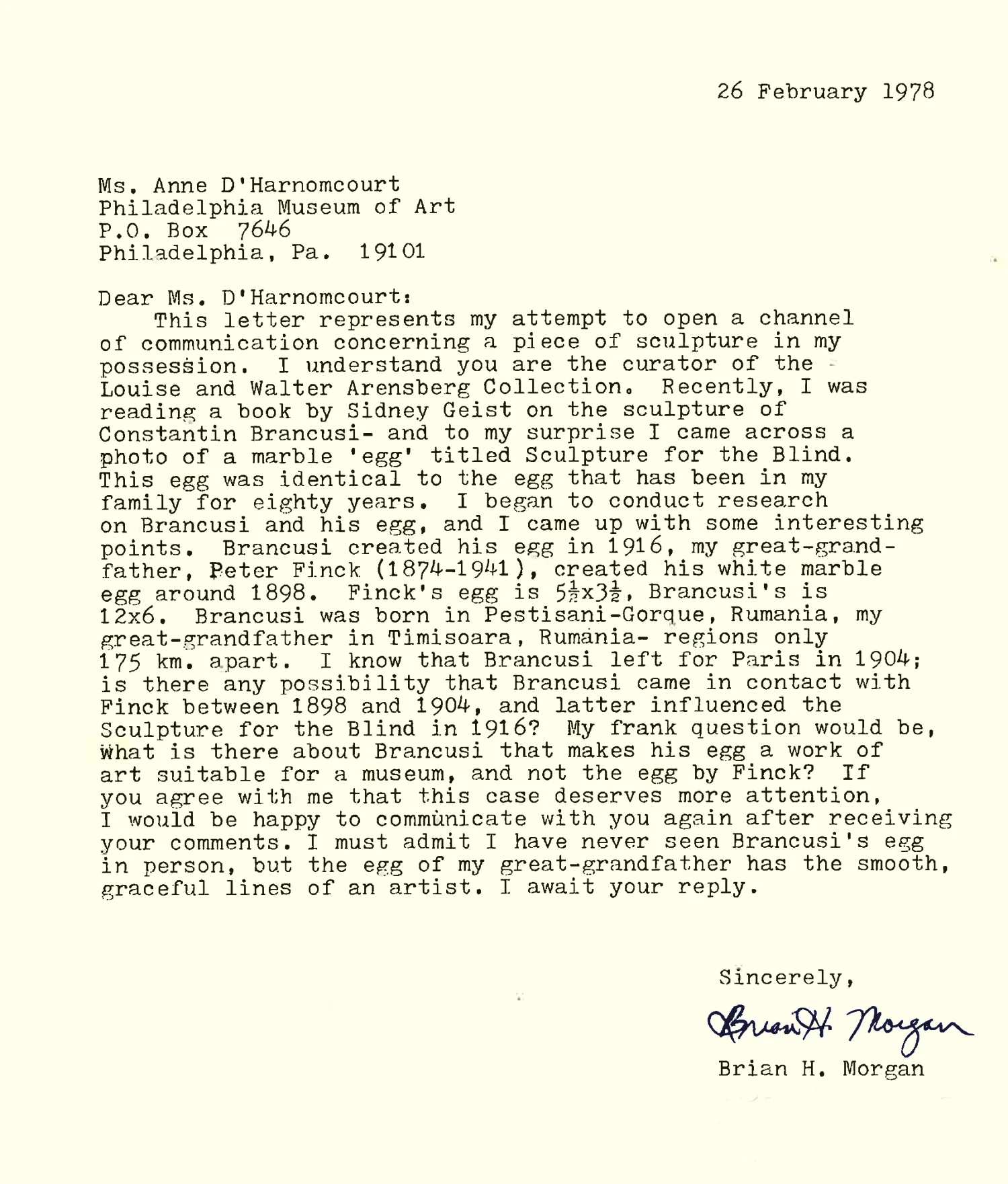 Original letter from a member of the public to the Philadelphia Museum of Art's curator. Written in 1978. Found in the Philadelphia Museum of Art's Archives.