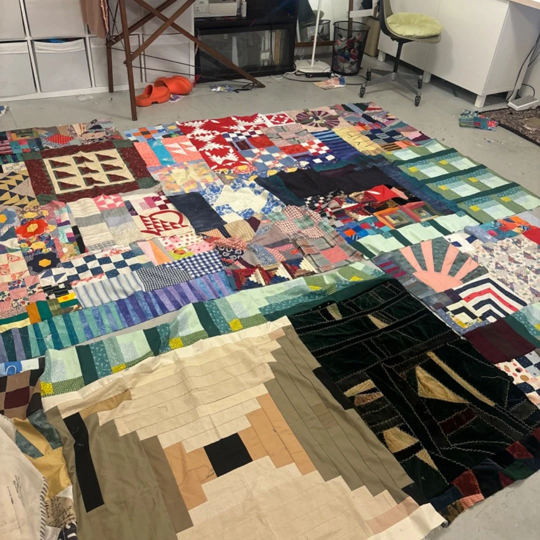 This is about one quarter of the quilt so far made from quilt bits started but hever finished by other people, made over the last 120 years or so. There are currently about 50-60 abandoned quilts represented. I might continue adding onto it forever. 