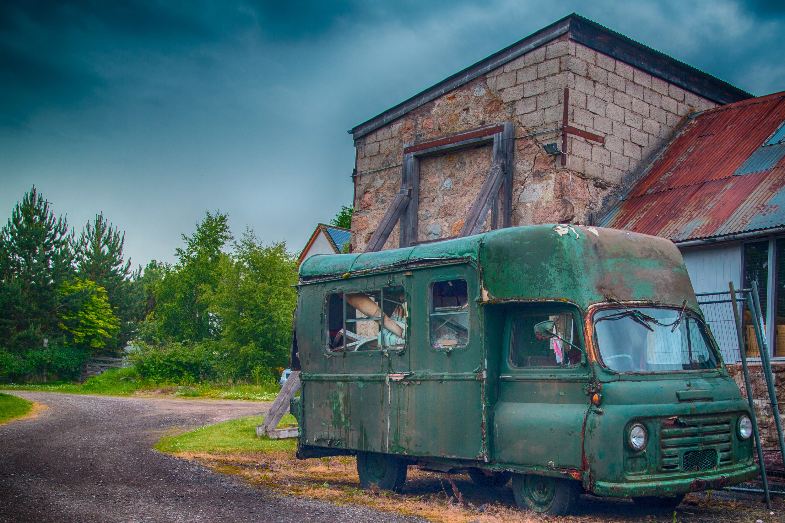 Broken down, van near the waterside path.