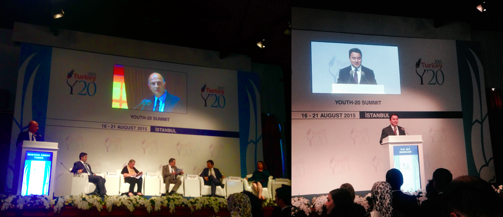 Left: all the G20 engagement groups representatives. Right: Turkey's Deputy Prime Minister addressing the Y20 Summit audience