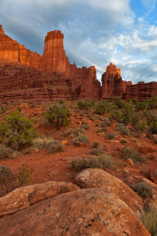 Fisher Towers and Clouds at Sunset, Utah