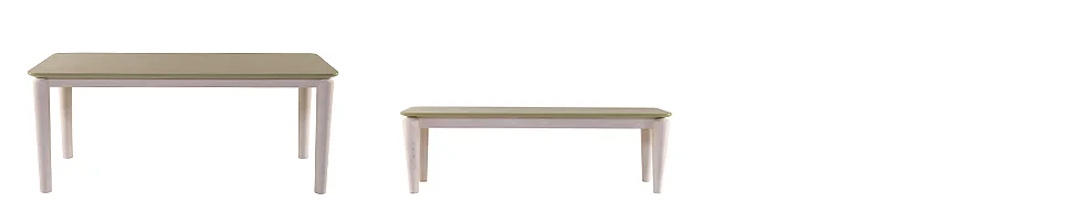 (L-R) Hongg Dining Table (185L x 90W x 75H) and Hongg Dining Bench (150L, 42W, 46H) Shown in solid pine with painted top