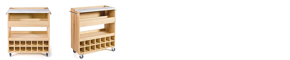 (L-R) Alchemy Bar Trolley with solid oak top (85L x 42W x 95H) shown in solid oak with 5% gloss lacquer finish; Alchemy Bar Trolley with marble top (85L x 42W x 95H) shown in solid ash with 5% gloss lacquer finish and marble serving top