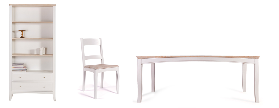(L-R) Brynmaer Bookcase (98L x 34W x 204H) shown in painted solid spruce; Brynmaer Dining Chair (44L x 51W x 89H) shown in painted beech with spruce seat pad; Brynmaer Dining Table (194L x 94W x 75H) shown in painted solid spruce