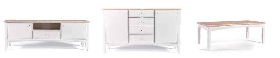 (L-R) Brynmaer Media Unit (152L x 42W x 53H); Brynmaer Sideboard (152L x 47W x 88H); Brynmaer Coffee Table (122L x 62W x 44H) Shown in painted solid spruce