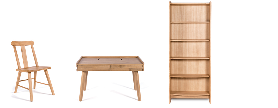 (L-R) Titan Dining Chair (53L x 45W x 88H) shown in solid oak with a natural lacquer finish; Lumber Writing Desk (124L x 67W x 78H); Lumber Open Bookcase (85L x 33W x 208H) both shown in solid oak with 5% gloss lacquer finish