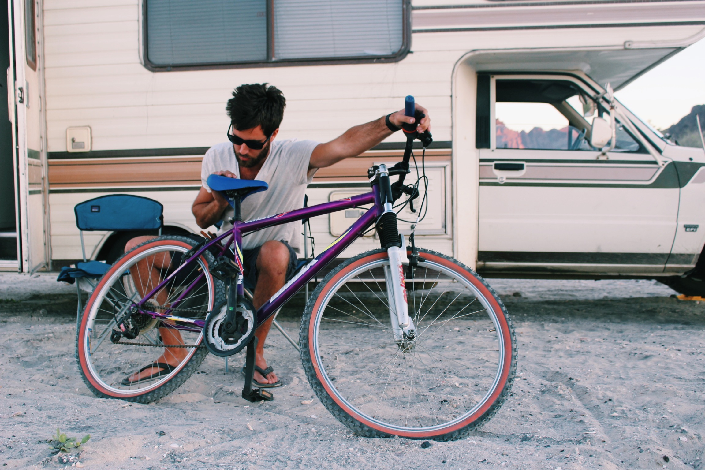 Adjusting the gears on Jacqui's new bike.