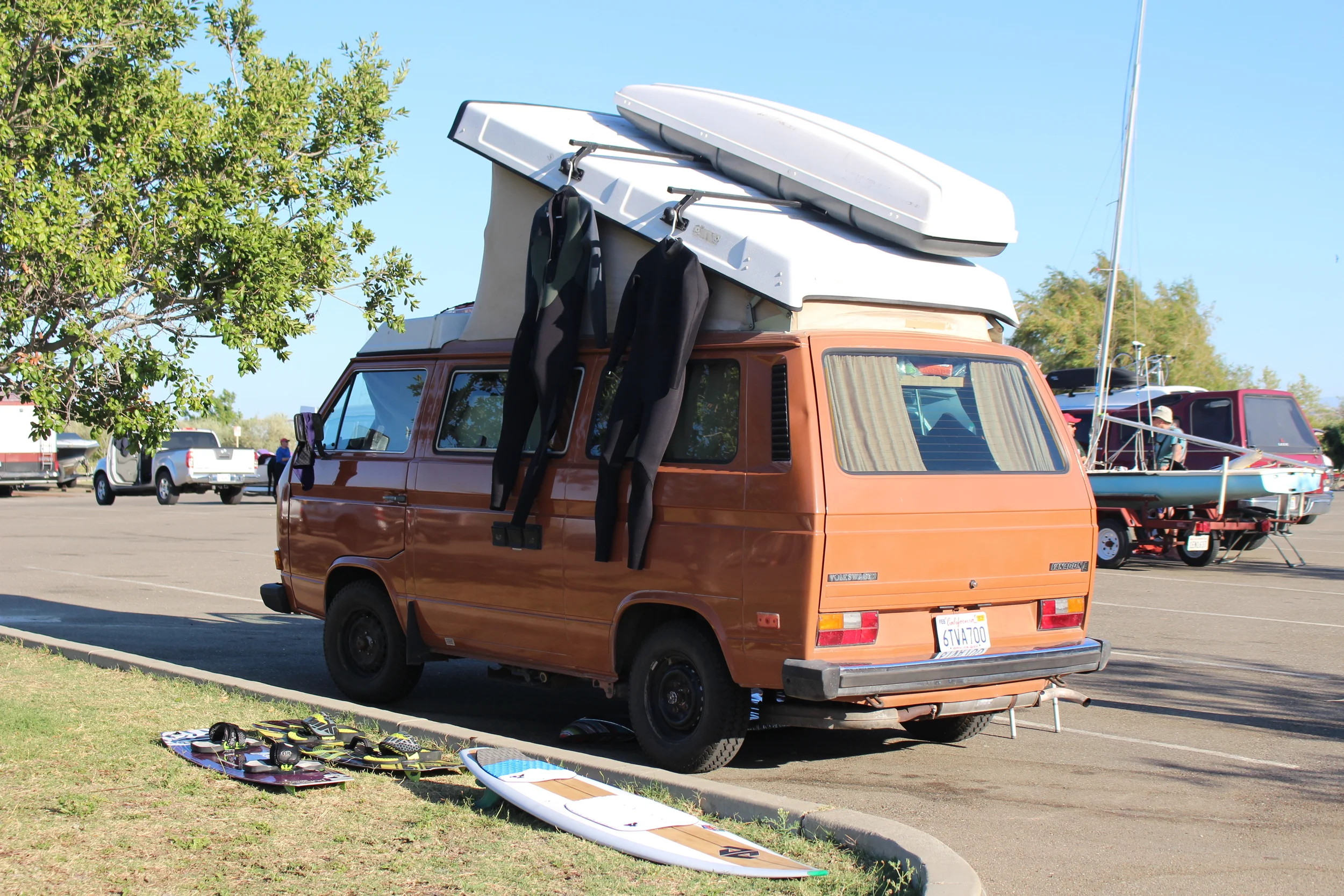 A quick trip to Sherman Island for some kitboarding. The Westy makes an excellent wet suit dryer.