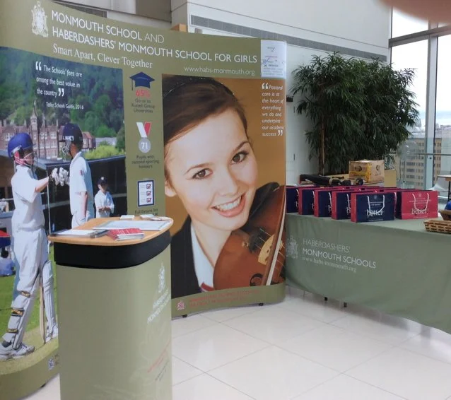 Design of a portable display unit with bespoke graphics, carrier bags, table cloth and lecturn wrap. Seen here at Country Life Future Schools Show 2016.