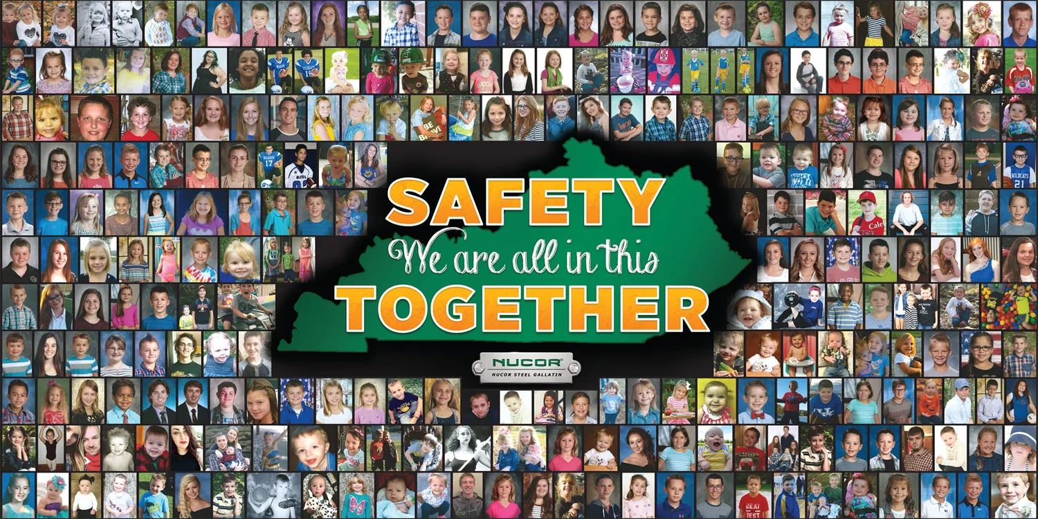 35 by 70 foot family collage banner at Nucor Gallatin