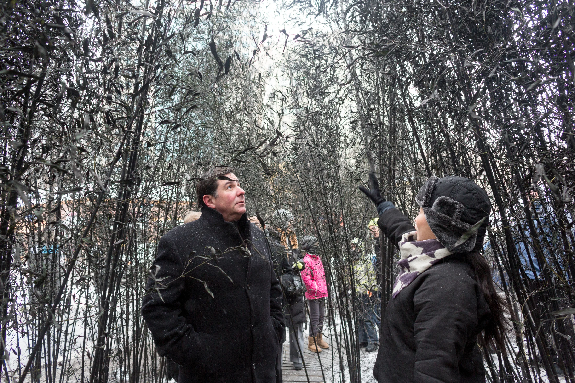 Artist Jennifer Wen Ma leading Mayor Bill Peduto on a tour of her artwork. Photograph by Renee Rosensteel. 