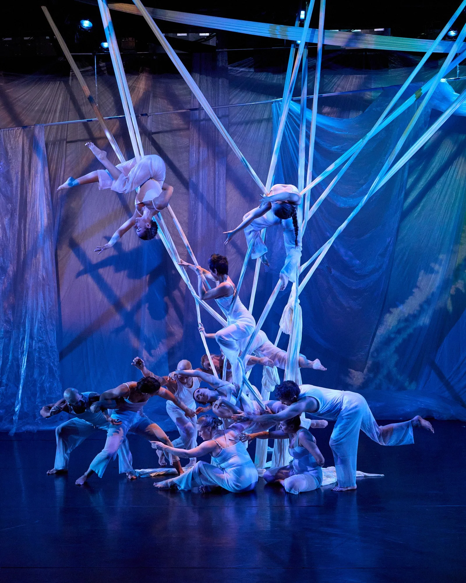 a group of dancers on stage, some suspended above on silks, others in group on stage floor