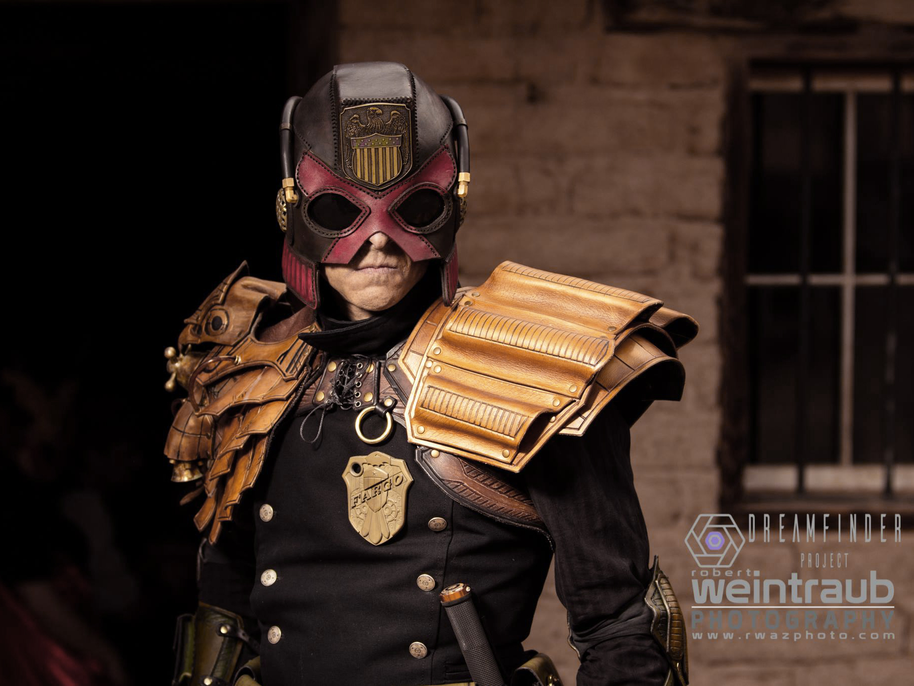 The client wearing the finished helmet with the rest of his costume