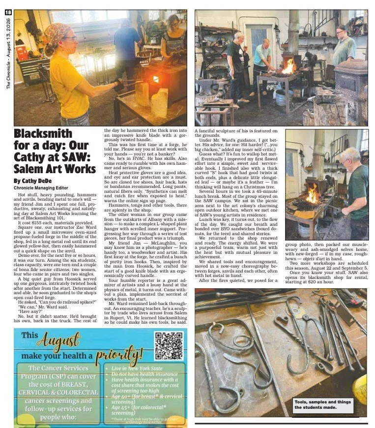 Great article by Cathy Dede in The Chronicle last week! Cathy took our Intro to Blacksmithing workshop with Zac Ward. Read about it here: https://www.glensfallschronicle.com/wp-content/uploads/2026/08/2163-Issue-SMsb.pdf

#glensfallschronicle
