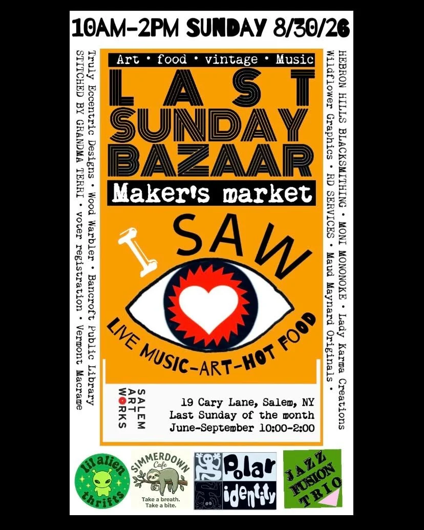 Join us this Sunday from 10 AM - 2 PM for our final Last Sunday Bazaar Maker's Market of the season!  There will be live music from Alex's Jazz Fusion Trio and Polar Identity! There will also be an excellent food selection from Simmerdown Cafe with m