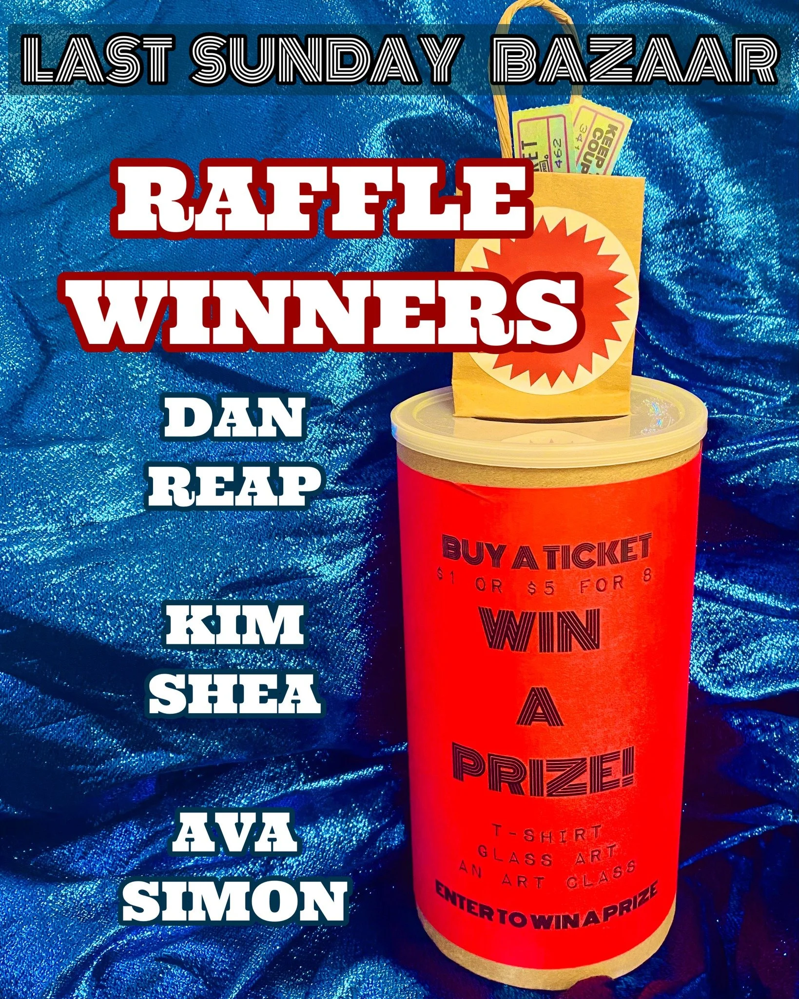 Congratulations to our raffle winners from yesterday's Last Sunday Bazaar!

1st Place: $200 Off Any Workshop, Class, or Studio/Shop Rental
2nd Place: Hand-Blown Glass Pumpkin or Ornament made at SAW!
3rd Place: T-Shirt, Tank Top, or Sweater

Thank yo