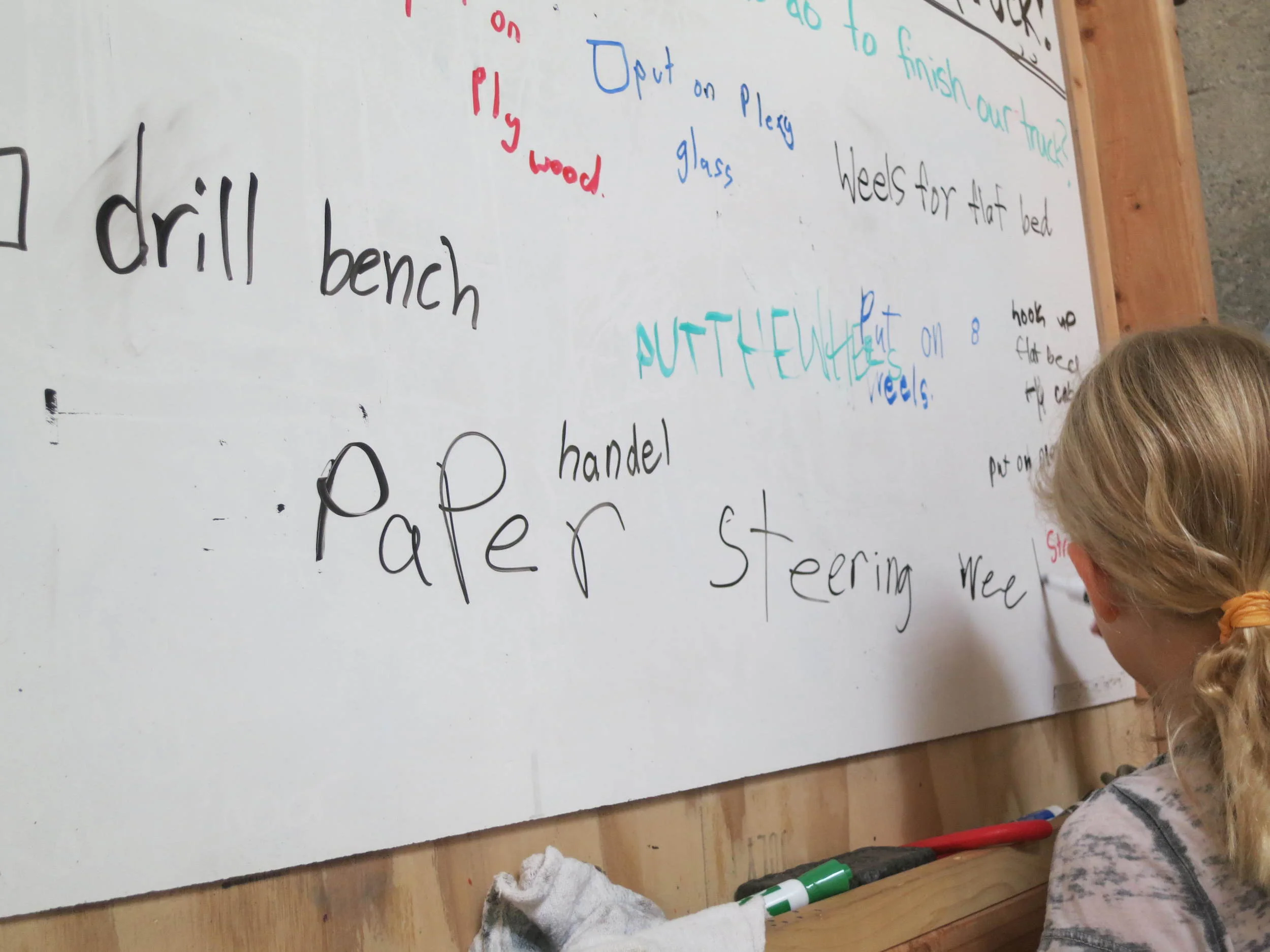 Drafting plans and writing down ideas is instrumental in successful Tinkering. Documentation helps to let everyone know what the goals of the session are, what has been accomplished, and which ideas still need work before proceeding. Jaime takes notes for the group. 