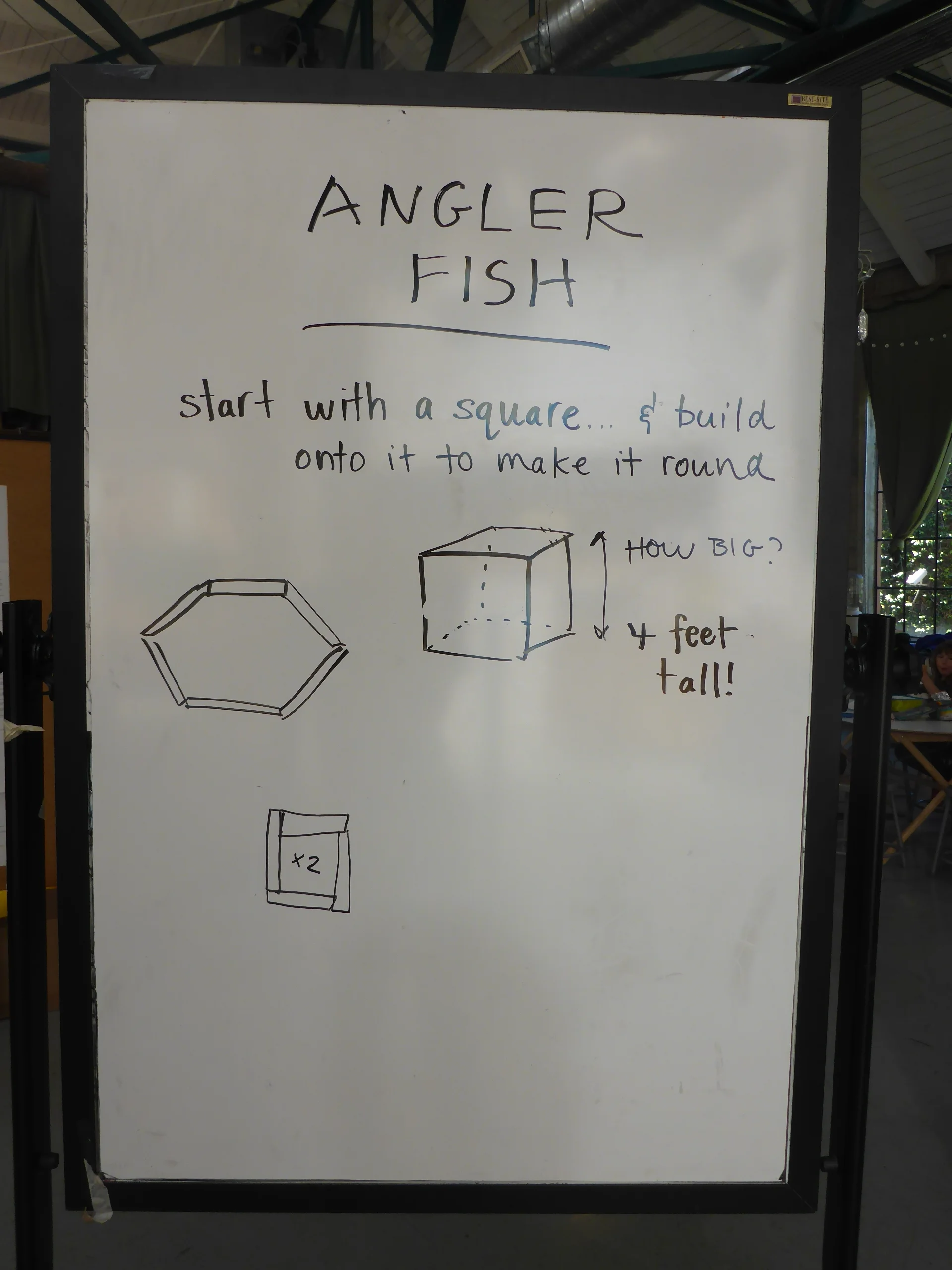 And then, we picked a place to start. Because the materials we were working with were really good at making cubey things and not real great at making round things, we started with a cube for a fish body. After the cube, we could easily add on. 