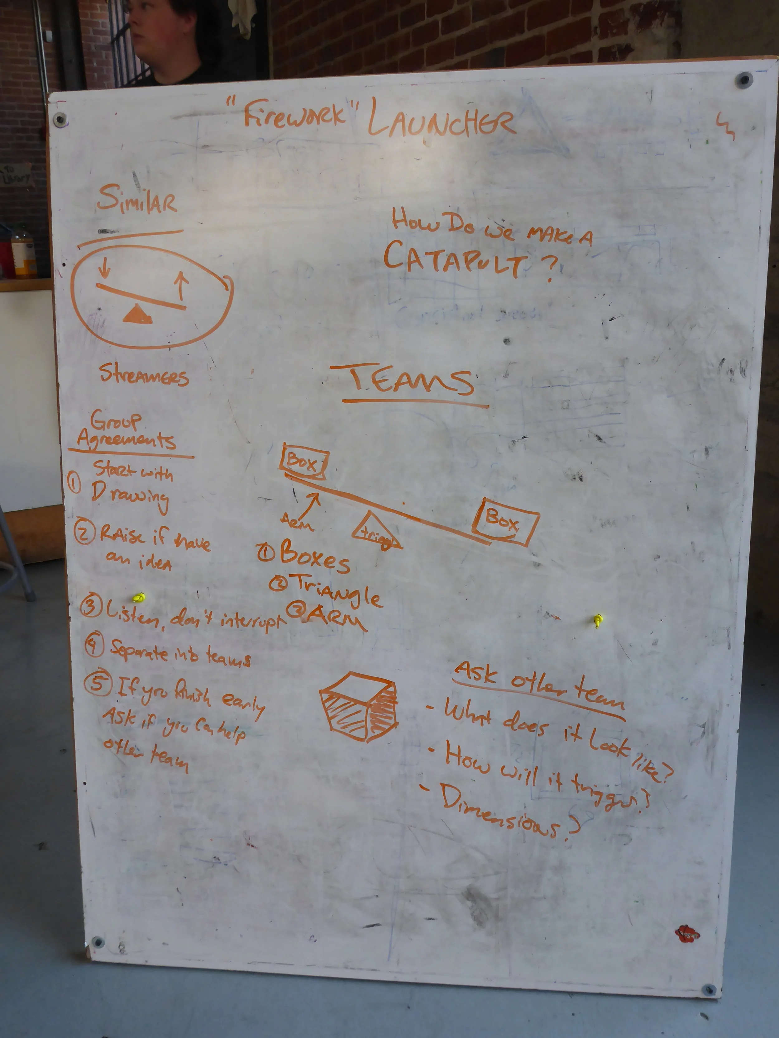 The launching machine had a particularly long design session, which also included brainstorming ways to effectively talk to one another during the session, ideas for what the machine might look like and also do, as well as a list of things we needed to ask the other team. 