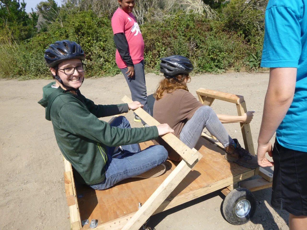 Frannie steers while Reid brakes.