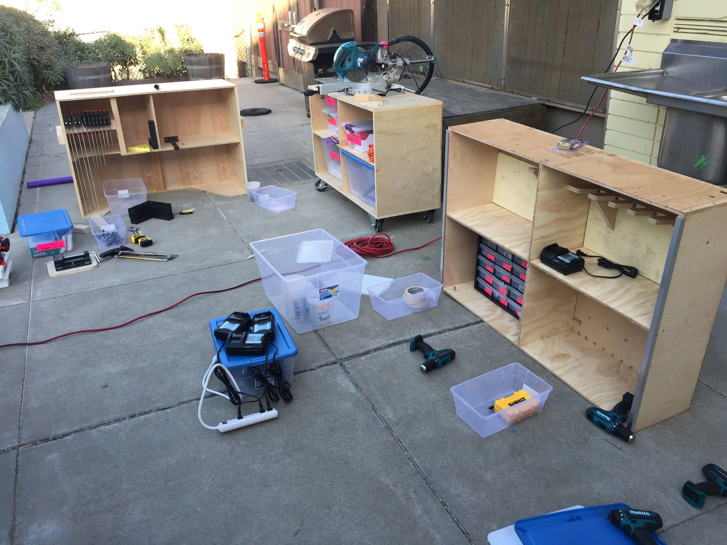 A work in progress. The cabinet is modular in order to fit through doorways and function as multiple tool stations.