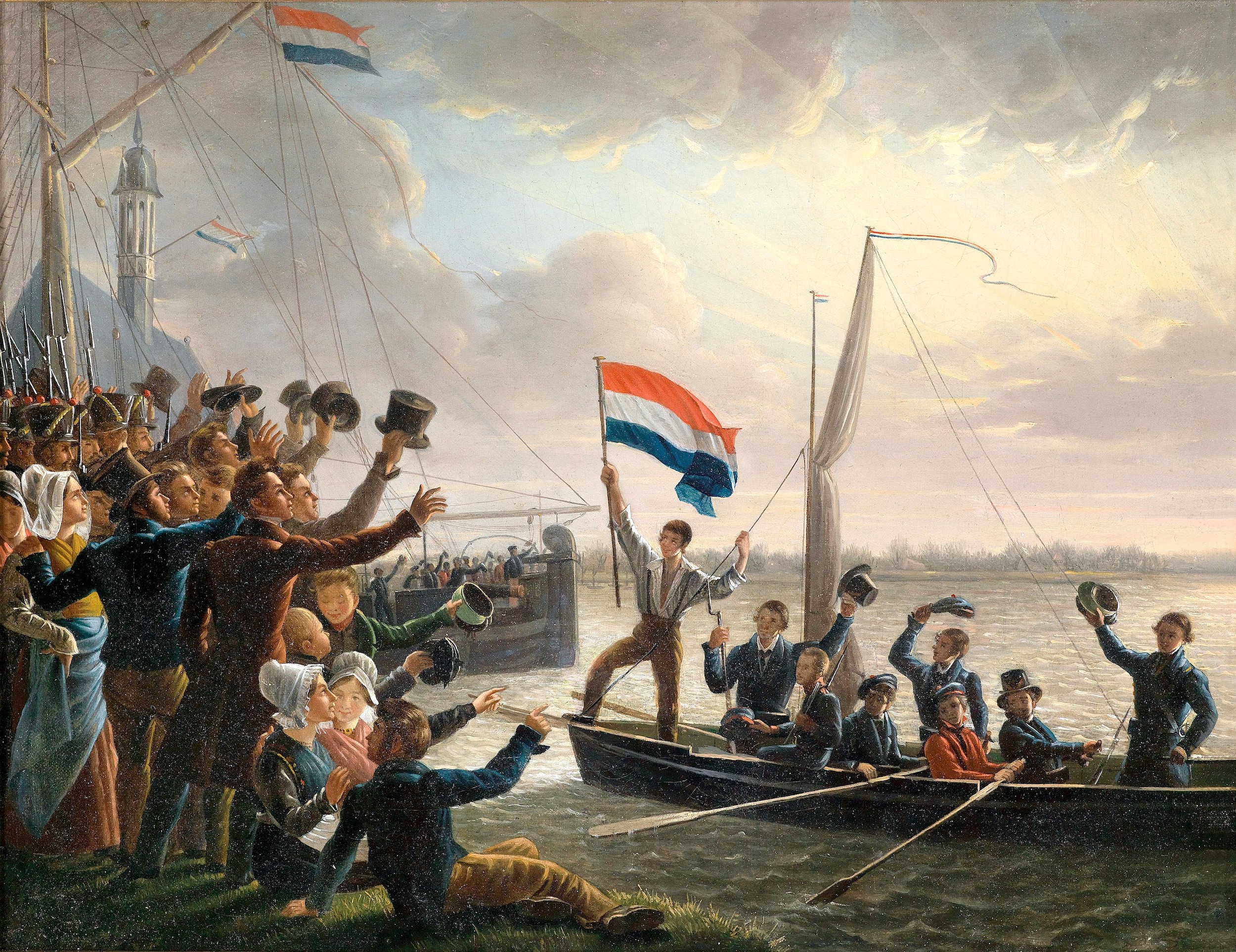 Dominicus Franciscus du Bois zugeschrieben (1800–1849) Die Rückkehr von Jacobus Hobein (1810–1888) am 19. März 1831 Öl auf Leinwand 29 x 37,5 cm, gerahmt Jacobus Hobein, ein Matrose 2. Klasse, hat am 19. März 1831 unter starkem feindlichen Gewehrfeuer, die niederländische Flagge aus der Hand der Feinde gerettet und schwimmend wieder an Bord des Kanonenbootes gebracht. Vergleiche: Die Rückkehr von Jacobus Hobein am 19. März 1831, im Marinemuseum (Scheepvaartmuseum), Amsterdam, Inv. Nr. A0112/2.