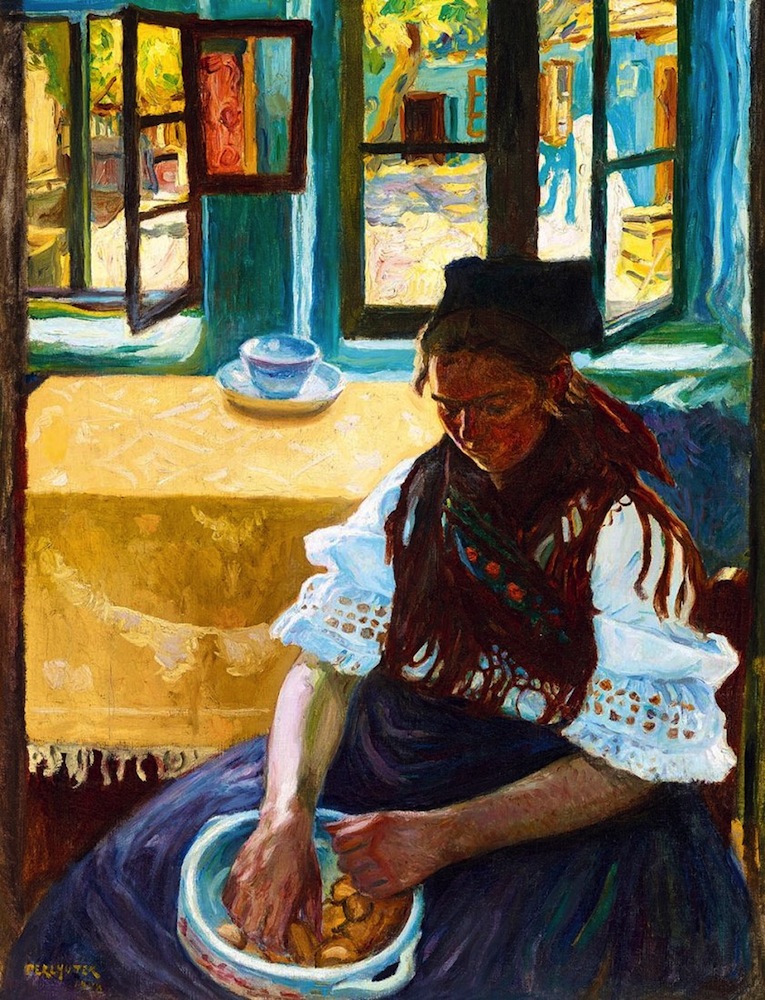 Izsak Perlmutter (Pest 1866 - 1932 Budapest) Beim Fenster / Ungarische Folklore (1908) Öl auf Karton 91x69 cm, gerahmt unten links signiert und datiert "Perlmutter 1908"
