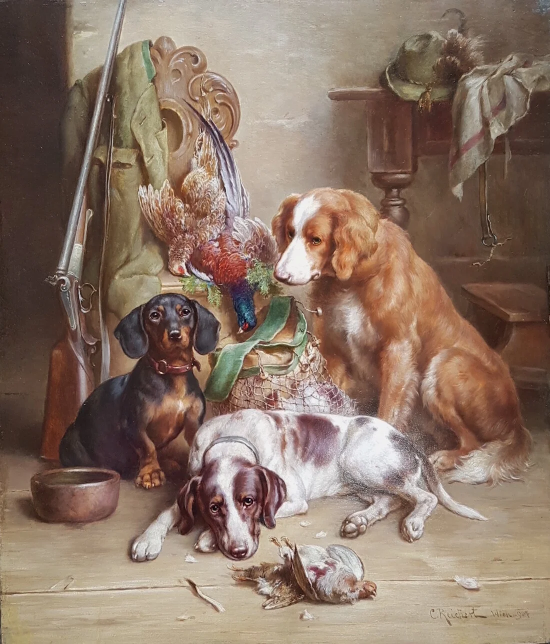 Carl Reichert (Vienna 1836 - 1918 Graz) After the Hunt Oil on Board 48 x 40,5cm Signed and dated lower right “C. Reichert Wien 907”